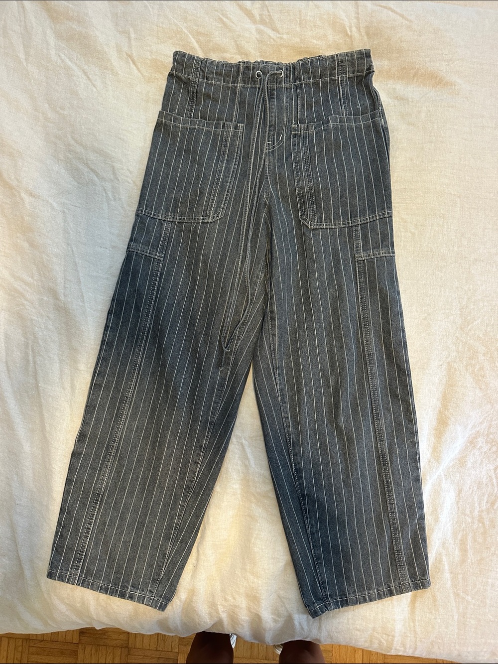 Wide Leg Pinstripe Drawstring Pants in Black